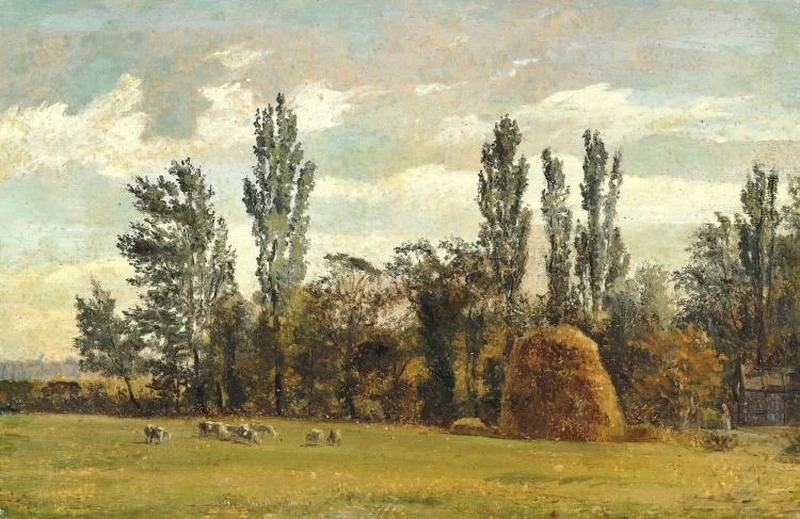 Christen Købke - Paesaggio con pagliaio, alberi alti, pecore al pascolo
